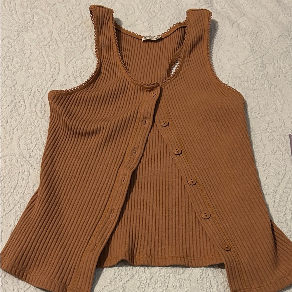 Free People Intimately Camel Ribbed Button-Front Tank Top